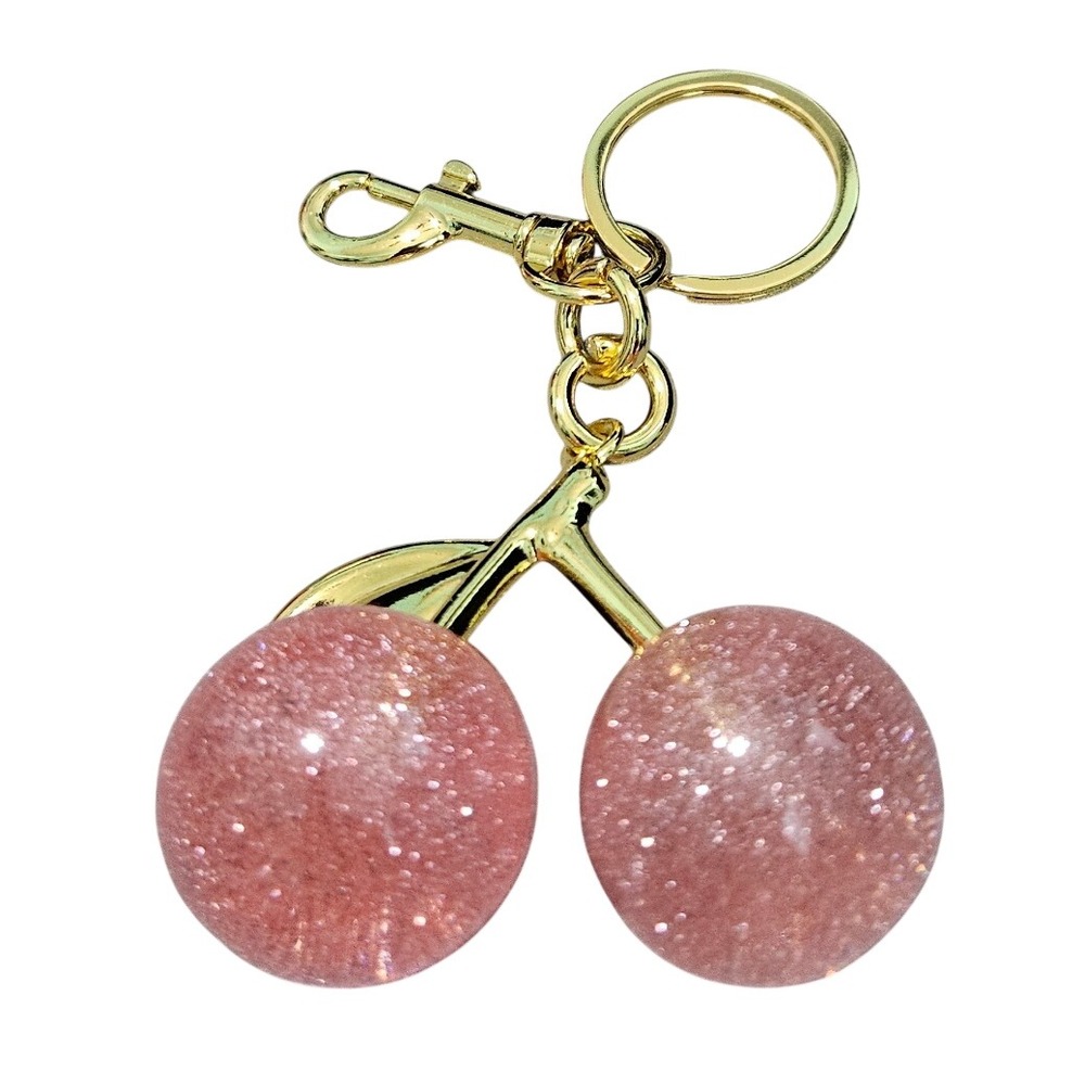 Pink Glitter Cherry Keychain Gold Tone Fruit Bag Charm Swivel Lobster Clasp 4.5"